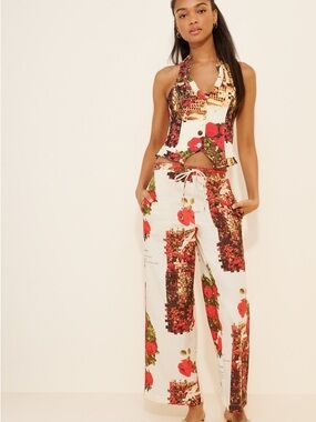 House of Sunny Cream Wide-Leg Pants & Crop Vest with Red Floral Print